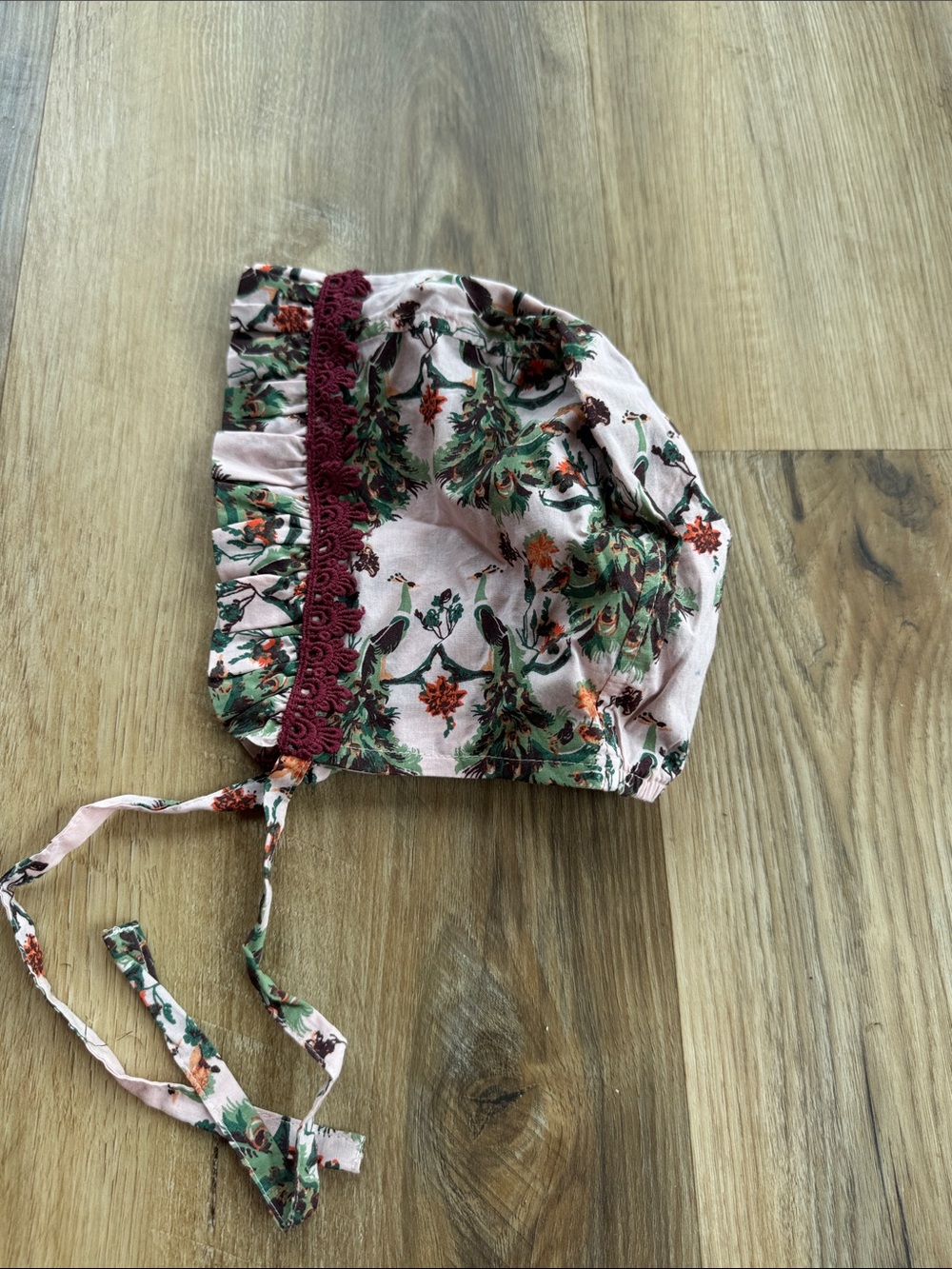 kate quinn Pink Floral Baby Bonnet with Burgundy Trim
